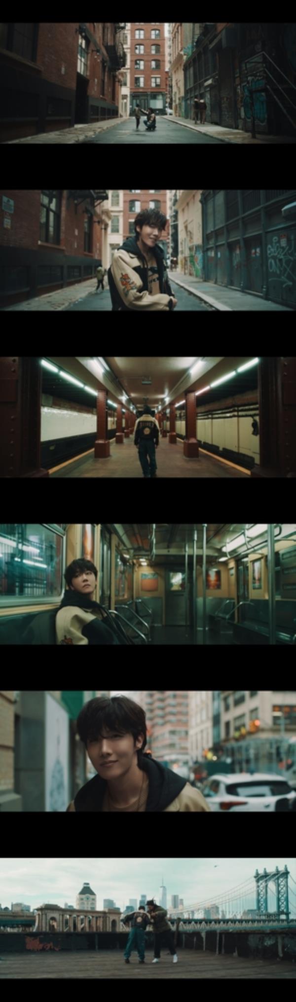 This composite photo provided by BigHit Music shows scenes from the music video for J-Hope's new digital single, 