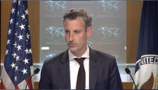 State Department Press Secretary Ned Price is seen answering a question during a daily press briefing at the department in Washington on Feb. 27, 2023 in this captured image. (Yonhap)