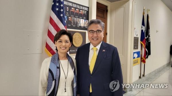 Rep. Young Kim (L) poses for a photo with South Korean Foreign Minister Park Jin during their meeting in Washington on Feb. 2, 2023, in this photo provided by the South Korean foreign ministry. (PHOTO NOT FOR SALE) (Yonhap)