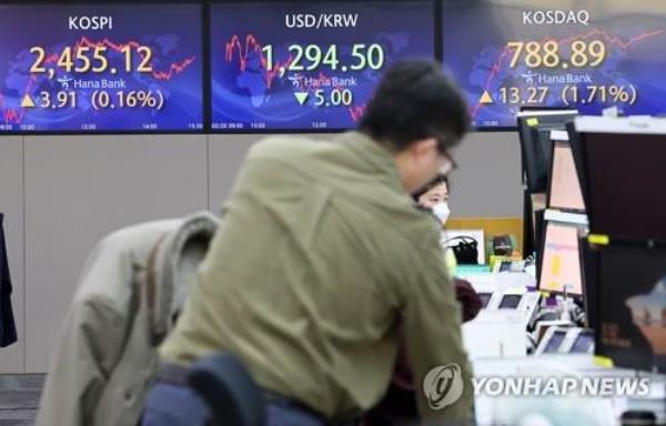 Electro<em></em>nic signboards at a Hana Bank dealing room in Seoul show the benchmark Korea Composite Stock Price Index (KOSPI) closed at 2,455.12 points on Feb, 20, 2023, up 0.16 percent from the previous session's close. (Yonhap)