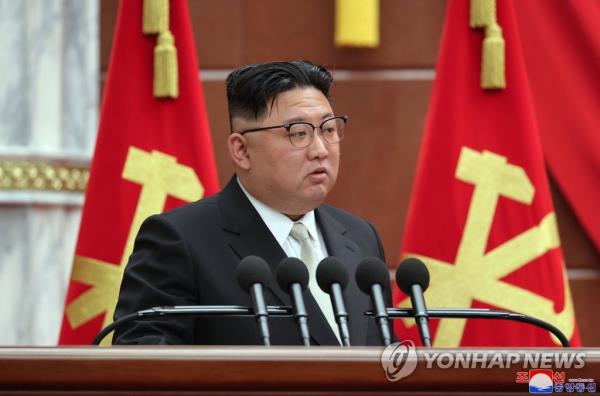 This photo, carried by North Korea's official Korean Central News Agency on Feb. 27, 2023, shows its leader Kim Jong-un presiding over a plenary meeting of the ruling Workers' Party of Korea's Central Committee the previous day to discuss agricultural issues. (For Use o<em></em>nly in the Republic of Korea. No Redistribution) (Yonhap)