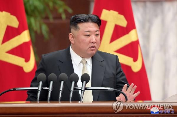 This photo, carried by North Korea's official Korean Central News Agency on Feb. 28, 2023, shows the North's leader Kim Jong-un speaking at the second-day session of a plenary meeting of the ruling Workers' Party of Korea (WPK) over agriculture the previous day. (For Use o<em></em>nly in the Republic of Korea. No Redistribution) (Yonhap)