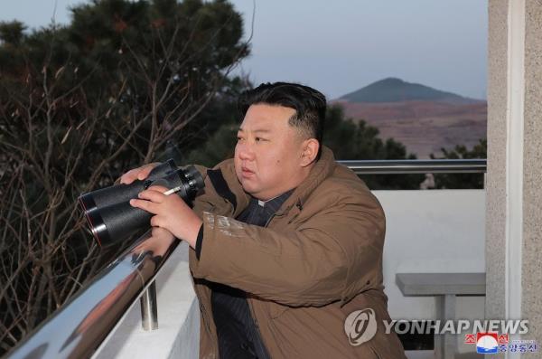 North Korean leader Kim Jong-un inspects the test-firing of a Hwasong-17 interco<em></em>ntinental ballistic missile on March 16, 2023, in this photo released by the North's official Korean Central News Agency the following day. (For Use o<em></em>nly in the Republic of Korea. No Redistribution) (Yonhap)