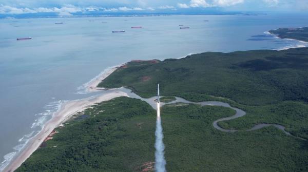 This photo provided by Innospace shows HANBIT-TLV blasting off from the Alcantara Space Center in northern Brazil on March 19, 2023. (PHOTO NOT FOR SALE) (Yonhap)