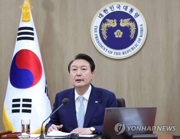 President Yoon Suk Yeol speaks during a Cabinet meeting at the presidential office in Seoul on April 4, 2023. (Yonhap)