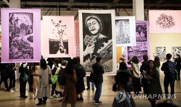 Woodcut prints of Pangrok Sulap, a Malaysian collective of artists, are displayed during a press preview session for the 14th Gwangju Biennale at the Gwangju Biennale Exhibition Hall on April 5, 2023, two days ahead of its opening. (Yonhap)