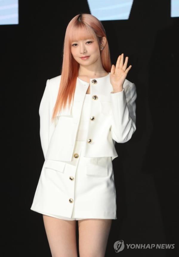 Rei, a member of K-pop girl group Ive, poses for a photo during a press co<em></em>nference to promote the group's first studio album in Seoul on April 10, 2023. (Yonhap)