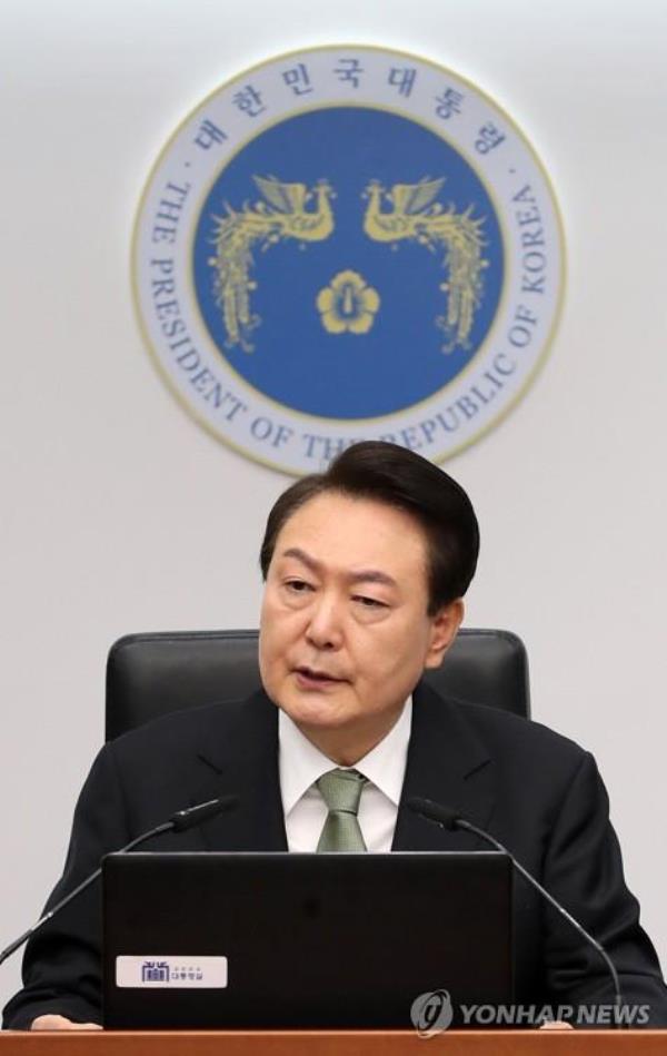 President Yoon Suk Yeol speaks during a Cabinet meeting at the presidential office in Seoul on May 2, 2023. (Pool photo) (Yonhap)