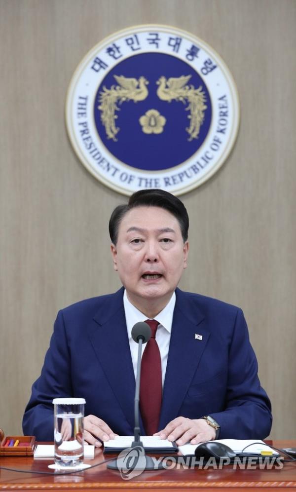 President Yoon Suk Yeol speaks during a Cabinet meeting at the presidential office in Seoul on May 9, 2023. (Pool photo) (Yonhap)