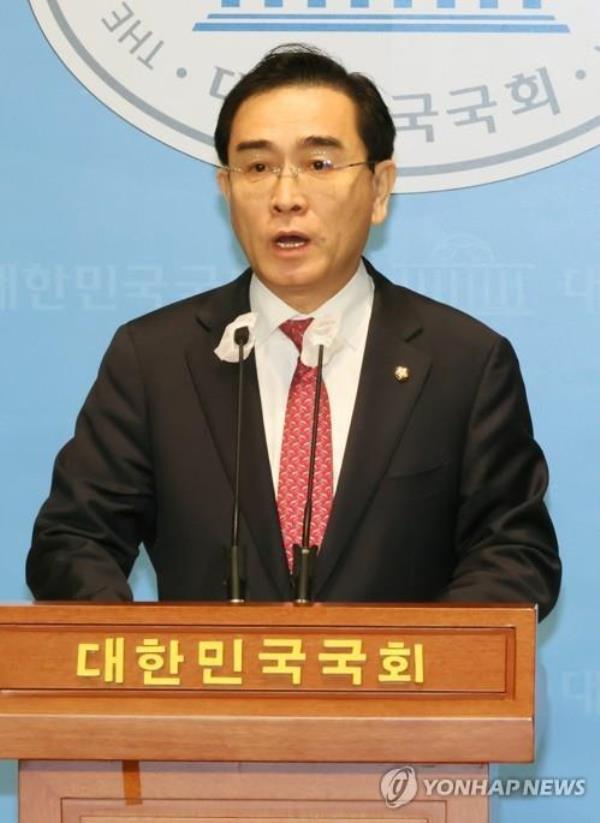 Rep. Tae Yong-ho of the People Power Party speaks at the Natio<em></em>nal Assembly in Seoul on May 10, 2023. (Yonhap)