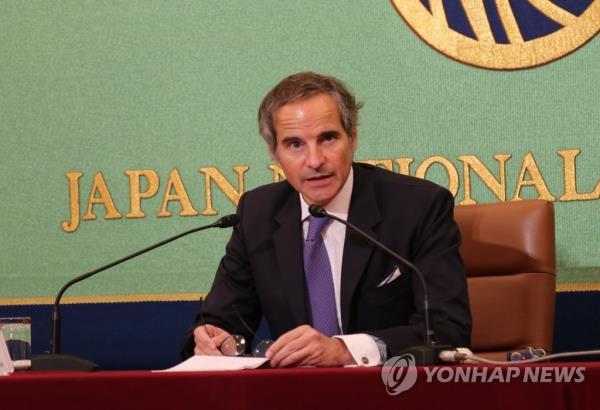 Rafael Mariano Grossi, director general of the Internatio<em></em>nal Atomic Energy Agency (IAEA), speaks a<em></em>bout the result of the IAEA's review of Japan's plan to release treated radioactive water stored at the Fukushima nuclear power station into the sea during a press co<em></em>nference in Tokyo on July 4, 2023. (Yonhap) 