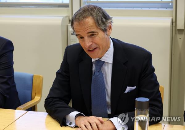 This image, taken on May 9, 2023, shows IAEA Director General Rafael Mariano Grossi in a meeting with Prime Minister Han Deok-soo in Vienne. (Yonhap) 