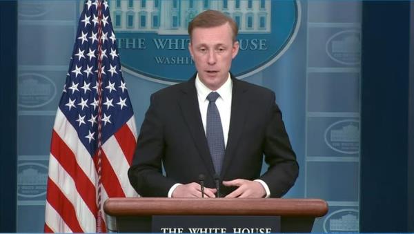 Natio<em></em>nal Security Advisor Jake Sullivan is seen answering questions during a press briefing at the White House in Washington on July 7, 2023 in this captured image. (Yonhap)