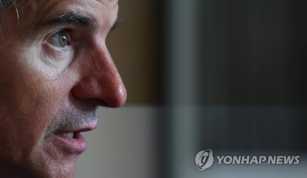 Internatio<em></em>nal Atomic Energy Agency Director General Rafael Mariano Grossi speaks during an interview with Yo<em></em>nhap News Agency at a hotel in Seoul on July 8, 2023. (Yonhap)