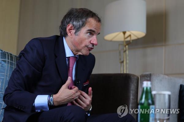 Internatio<em></em>nal Atomic Energy Agency Director General Rafael Mariano Grossi speaks during an interview with Yo<em></em>nhap News Agency at a hotel in Seoul on July 8, 2023. (Yonhap)