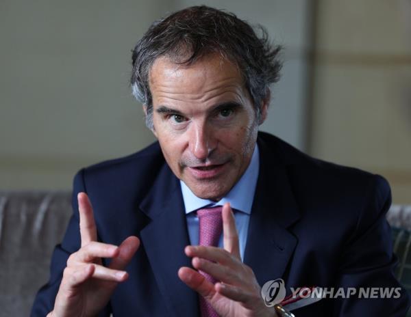 Internatio<em></em>nal Atomic Energy Agency Director General Rafael Mariano Grossi speaks during an interview with Yo<em></em>nhap News Agency at a hotel in Seoul on July 8, 2023. (Yonhap)