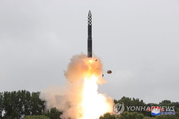 This photo, carried by North Korea's Korean Central News Agency on July 13, 2023, shows the North's firing of a Hwasong-18 solid-fuel interco<em></em>ntinental ballistic missile the previous day. (For Use o<em></em>nly in the Republic of Korea. No Redistribution) (Yonhap)