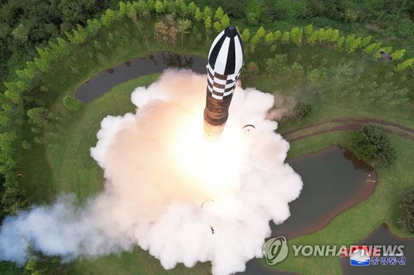 This photo, carried by North Korea's Korean Central News Agency on July 13, 2023, shows the North firing of a Hwasong-18 solid-fuel interco<em></em>ntinental ballistic missile the previous day. (For Use o<em></em>nly in the Republic of Korea. No Redistribution) (Yonhap)