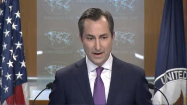 Department of State Press Secretary Matthew Miller is seen answering questions during a daily press briefing at the department in Washington on July 19, 2023 in this captured image. (Yonhap)