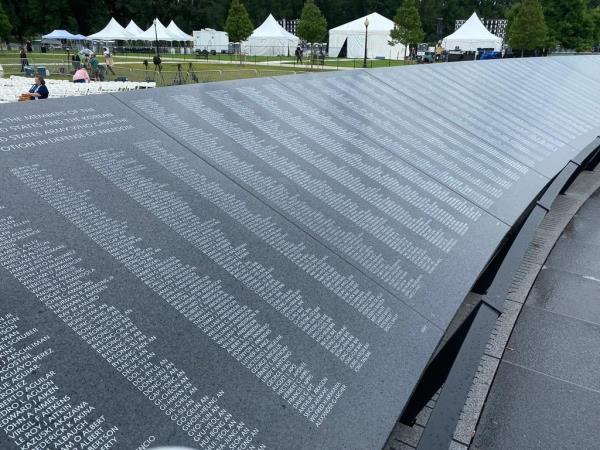 The Wall of Remembrance, which displays the names of 43,808 U.S. and South Korean soldiers killed during the 1950-53 Korean War, is seen at the Korean War Veterans Memorial in Washington on July 26, 2022, as it was unveiled to their bereaved families. South Korea and the United States are set to dedicate the latest addition to the memorial the next day to mark the 69th anniversary of the end of the three-year conflict. (Yonhap)