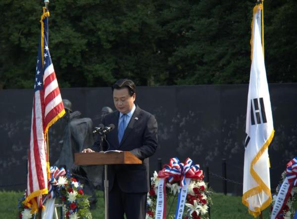 South Korean Ambassador to the United States Cho Hyun-dong delivers remarks during a ceremony marking the 70th anniversary of the Korean armistice in Washington on July 27, 2023. (Pool photo) (Yonhap)