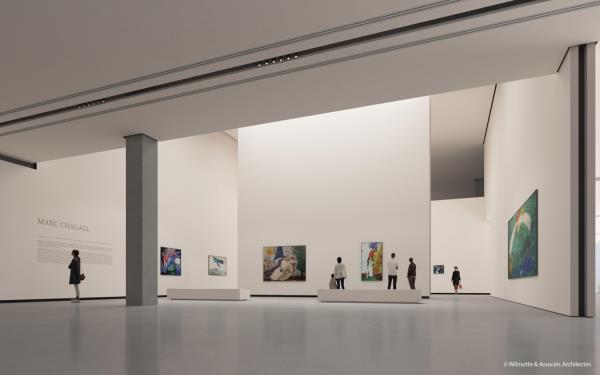 This rendered image provided by Hanwha on July 28, 2023, shows the interior design of the Centre Pompidou Hanwha Seoul, to be built in 63 Square in western Seoul. (PHOTO NOT FOR SALE) (Yonhap) 