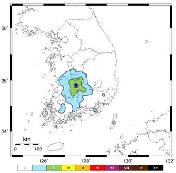 This image provided by the Korea Meteorological Administration shows the area wher<em></em>e a 3.5 magnitude earthquake occurred on July 29, 2023. (PHOTO NOT FOR SALE) (Yonhap)