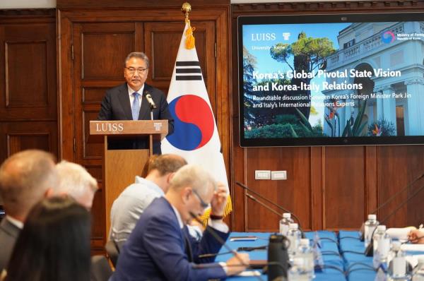South Korean Foreign Minister Park Jin delivers a keynote speech on President Yoon Suk Yeol's vision to make his country a 