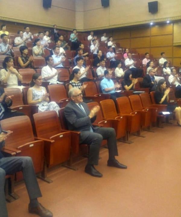 This undated photo, posted on the Facebook page of the Russian Embassy in North Korea, shows officials attending a film viewing of the Russian film 