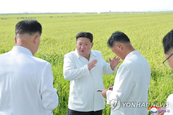 This photo, carried by North Korea's official Korean Central News Agency on Aug. 18, 2023, shows North Korean leader Kim Jong-un (C) inspecting farms in the typhoon-hit county of Anbyon in Kangwon Province. (For Use o<em></em>nly in the Republic of Korea. No Redistribution) (Yonhap)