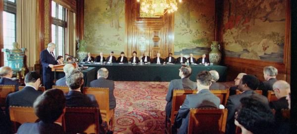 The first Session of Internatio<em></em>nal Tribunal on War Crimes in Former Yugoslavia Opens in the Hague in 1993.