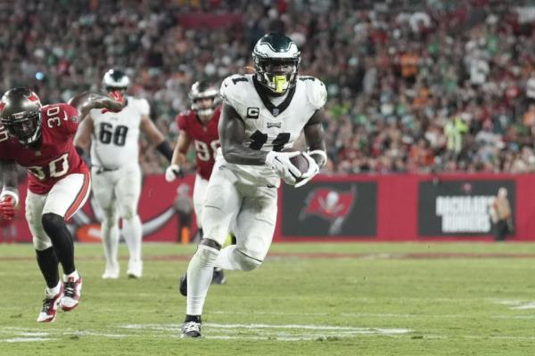 Philadelphia Eagles wide receiver A.J. Brown runs after a catch.