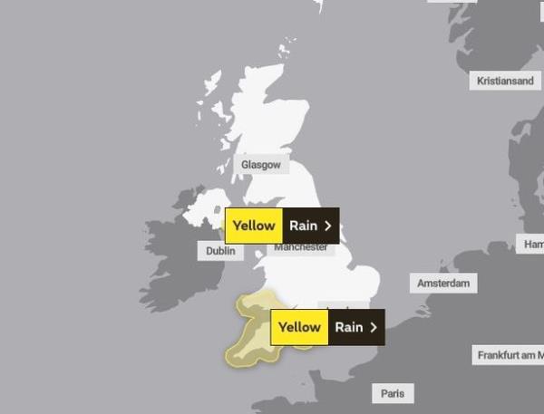The yellow-level warnings cover Wales, the south-west of England and Northern Ireland