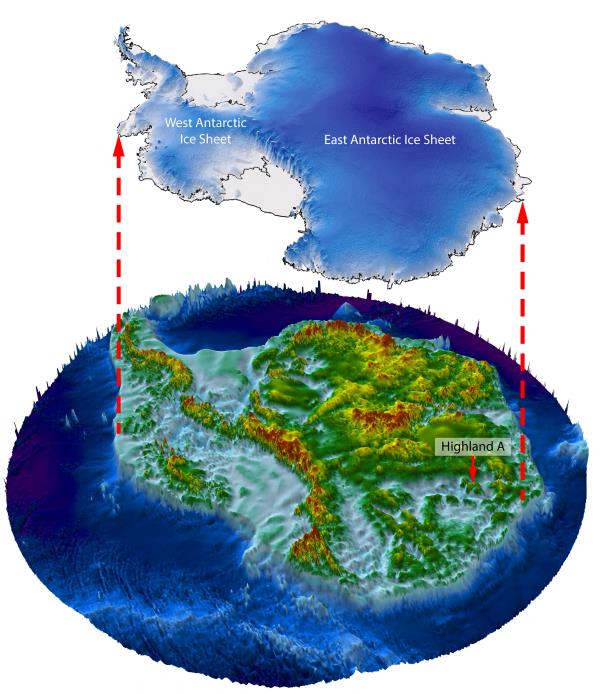 An illustration shows how a landscape the size of Belgium located in Wilkes Land, East Antarctica would appear if the thick ice sheet covering it were lifted away