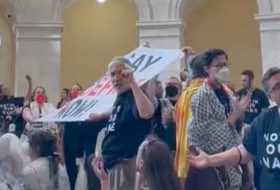 抗议者冲进国会山，悬挂横幅，呼吁以色列和哈马斯停火